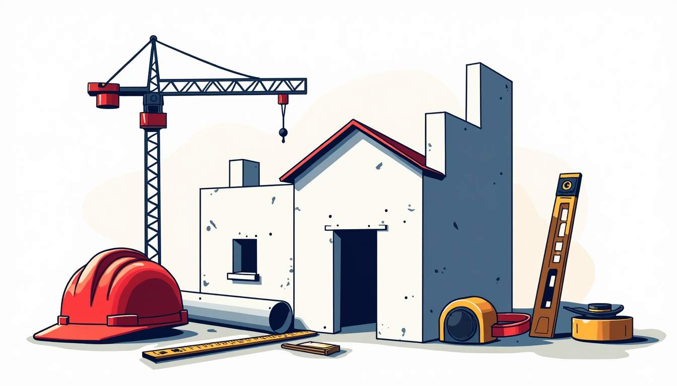 A construction site featuring a blueprint and various tools