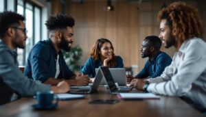 A photograph of a professional business meeting in progress