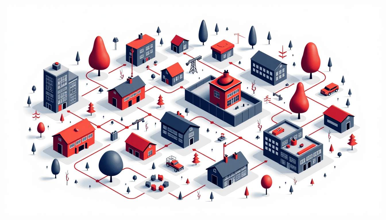 An interconnected network of buildings and construction sites surrounded by tools and symbols representing trade skills