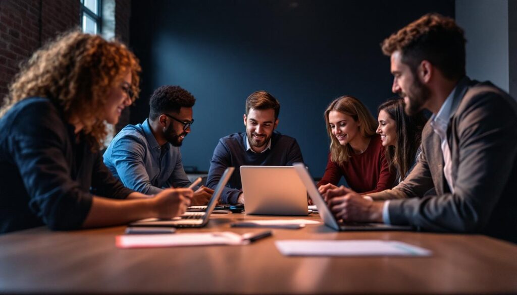 A photograph of a diverse group of professionals engaged in a collaborative brainstorming session