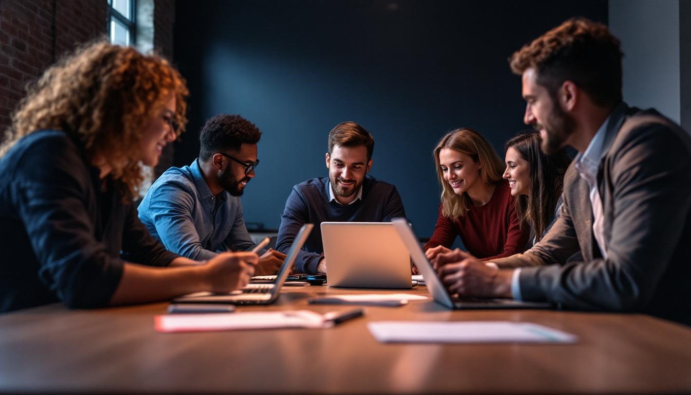 A photograph of a diverse group of professionals engaged in a collaborative brainstorming session