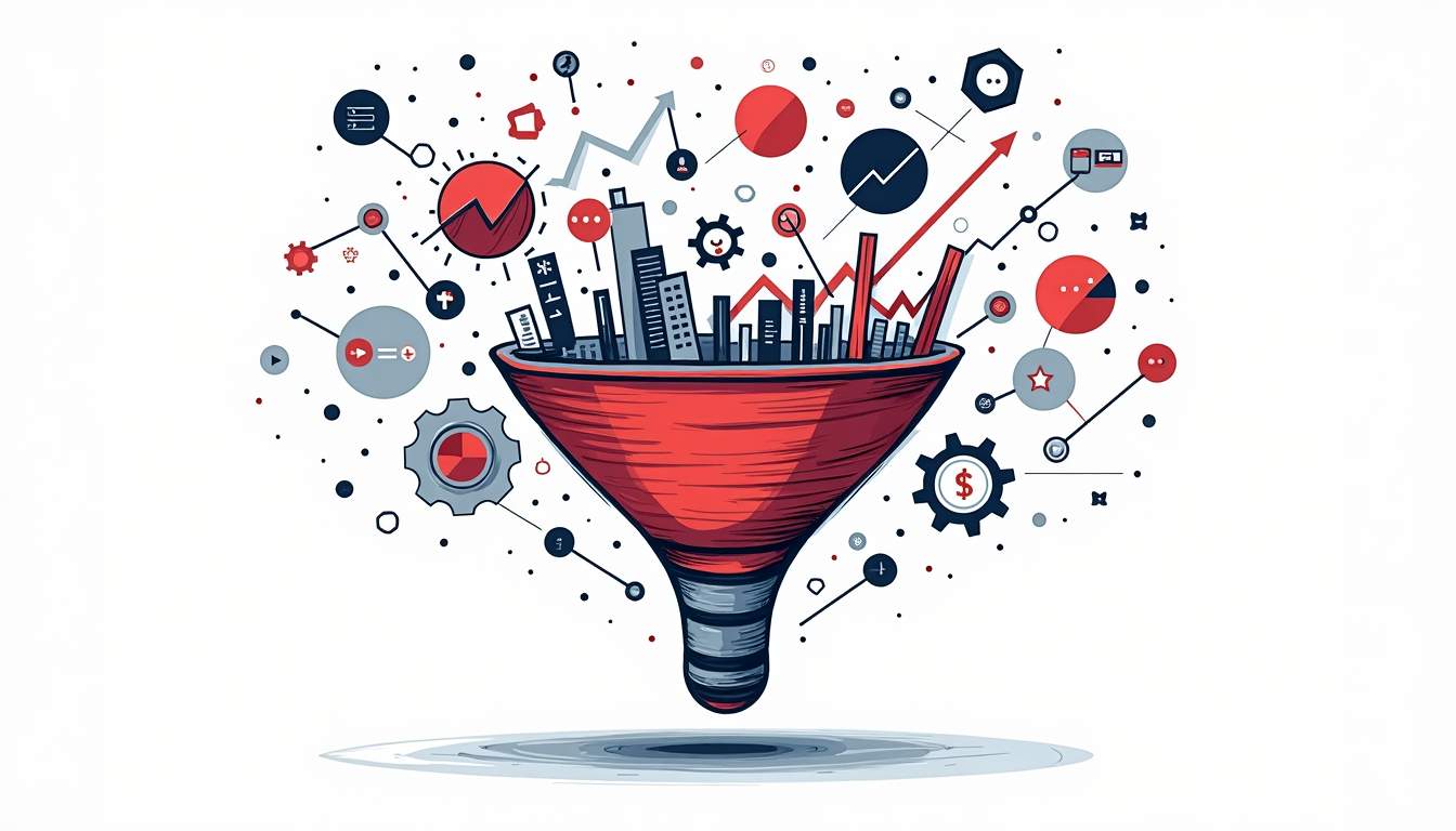 A dynamic sales funnel filled with various icons representing leads