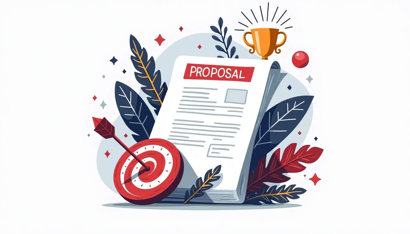 A visually appealing sales proposal document surrounded by elements that symbolize success