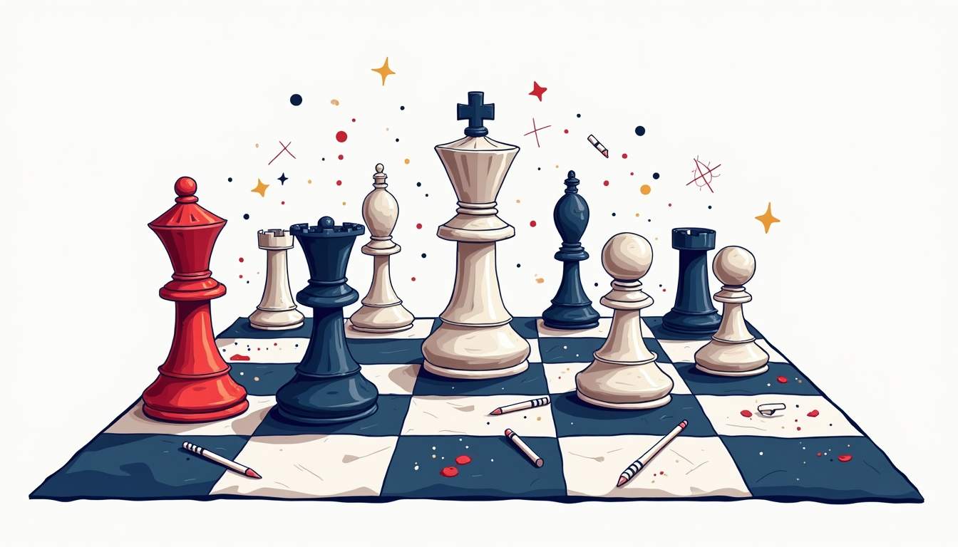 An intricate chessboard with various strategic pieces representing different aspects of b2b sales negotiations