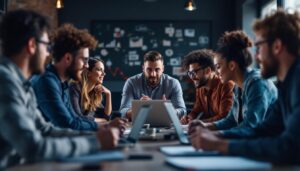 A photograph of a diverse group of professionals engaged in a dynamic brainstorming session