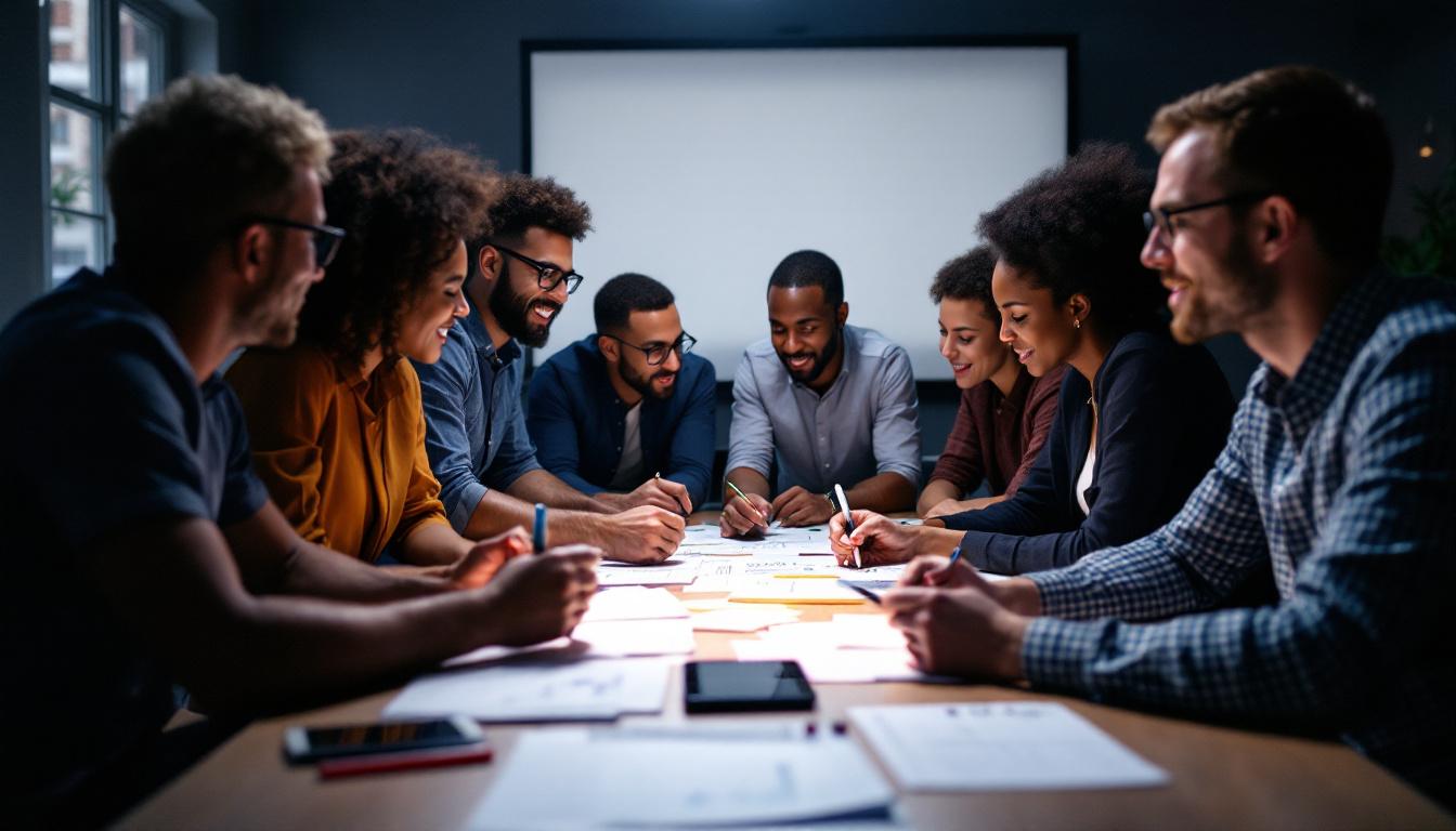 A photograph of a diverse group of professionals engaged in a dynamic brainstorming session