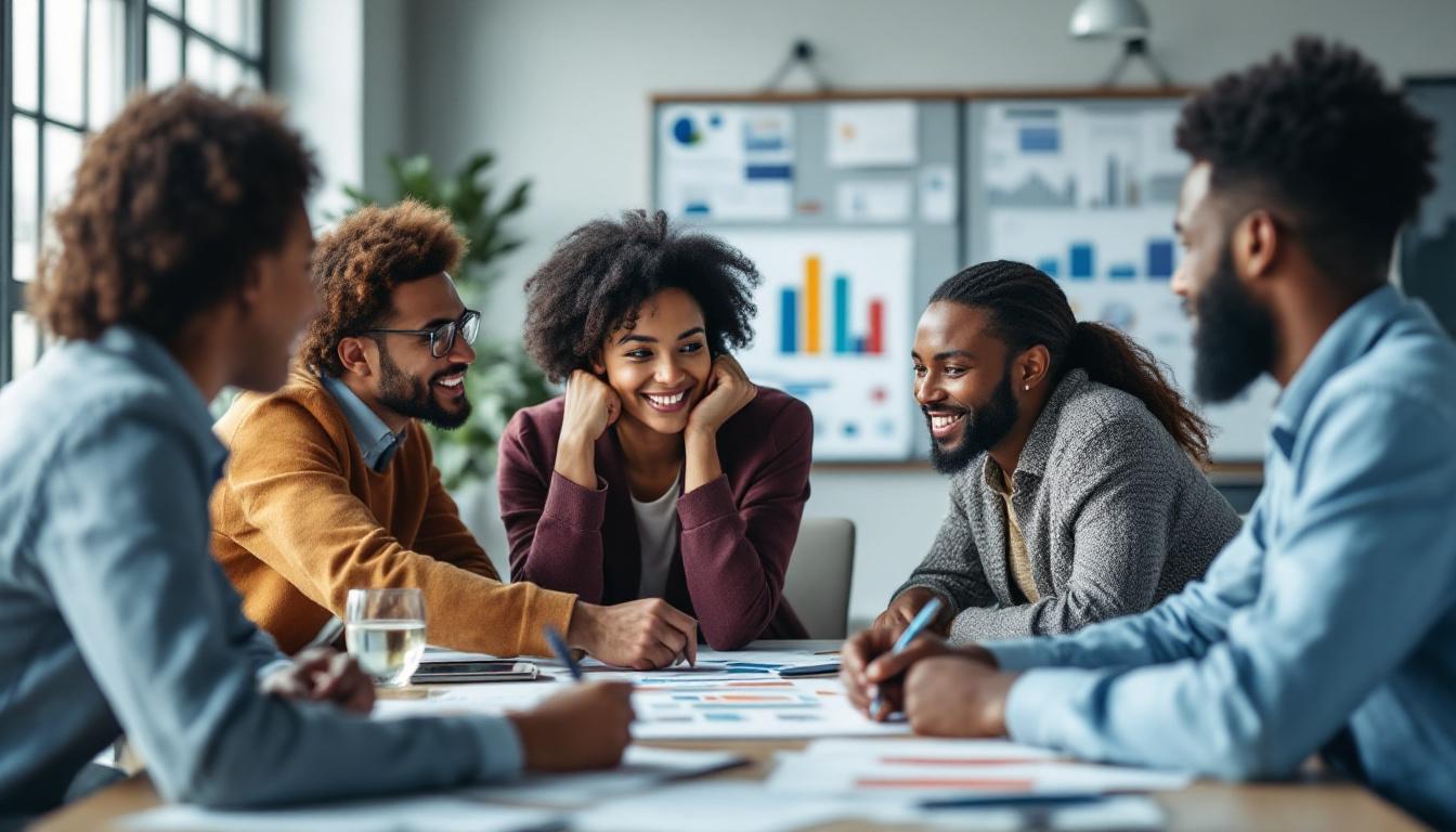 A photograph of a diverse group of professionals in a modern office setting