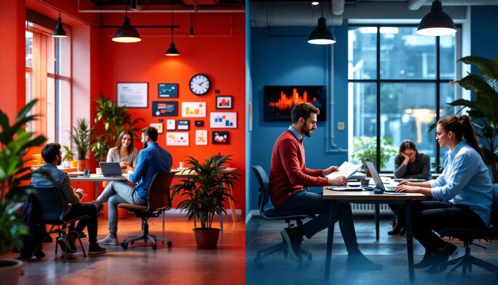 A photograph of capture a photograph of a split scene showing two contrasting marketing environments: one side depicting a vibrant