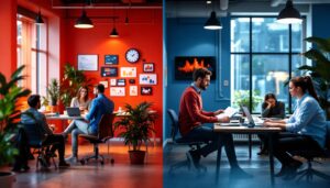 A photograph of capture a photograph of a split scene showing two contrasting marketing environments: one side depicting a vibrant