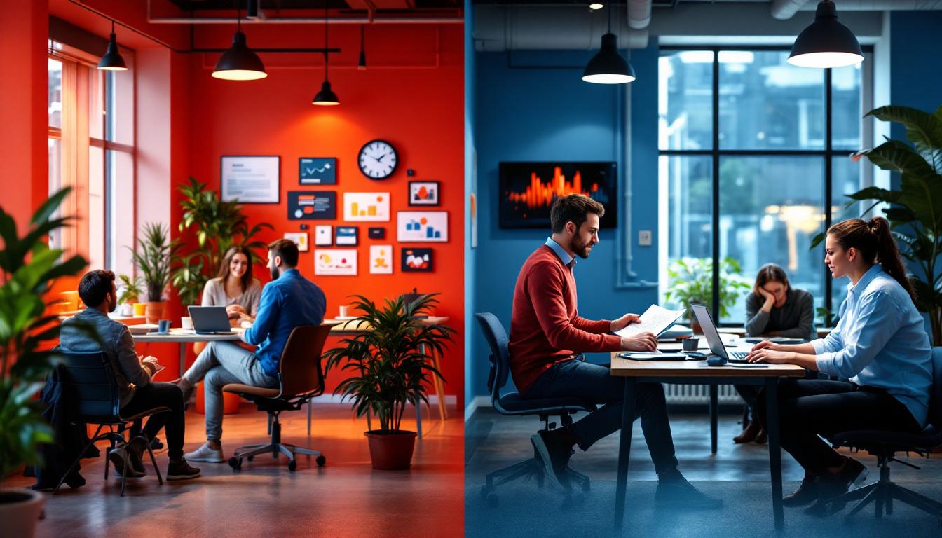 A photograph of capture a photograph of a split scene showing two contrasting marketing environments: one side depicting a vibrant