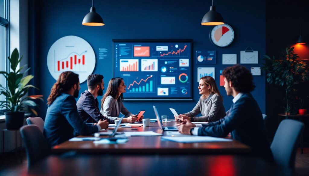 A photograph of a dynamic business meeting where professionals are engaged in a discussion