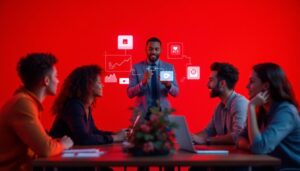 A photograph of a dynamic sales team engaged in a brainstorming session