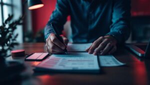 A photograph of a professional setting where a salesperson is engaged in a phone conversation