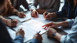 A photograph of a diverse group of business professionals engaged in a collaborative discussion over documents and digital devices
