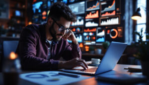 A photograph of a focused photographer analyzing data on a laptop