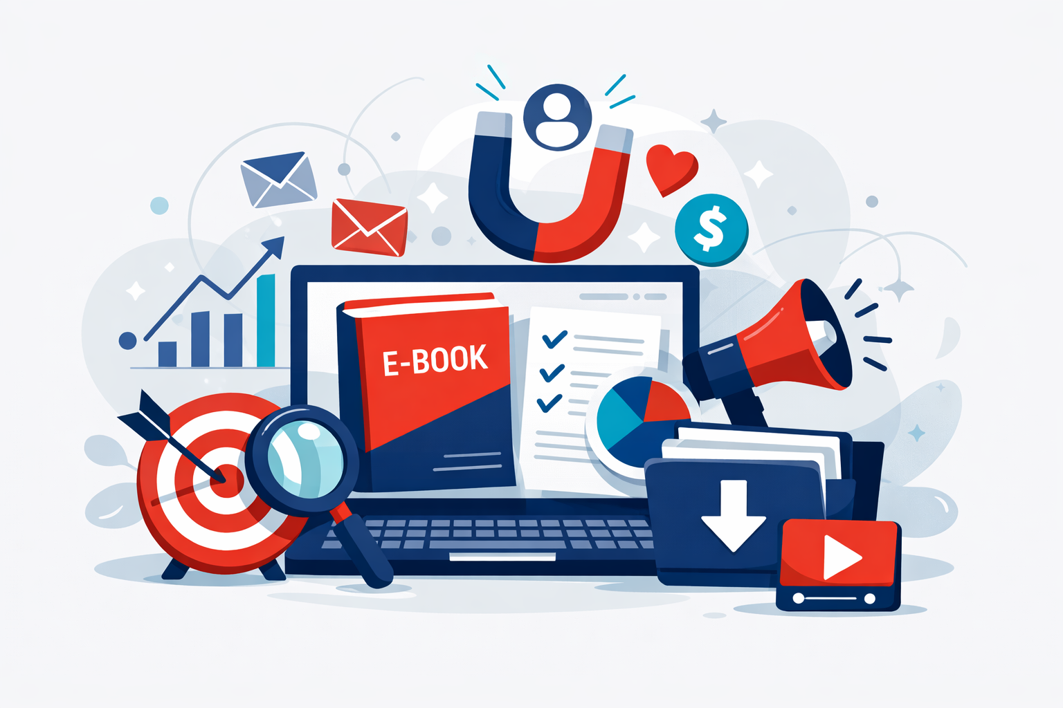 Abstract illustration representing downloadable content and lead generation for B2B marketing