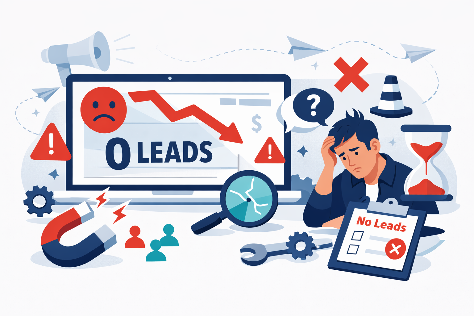 Abstract illustration representing website lead generation problems and conversion optimization solutions