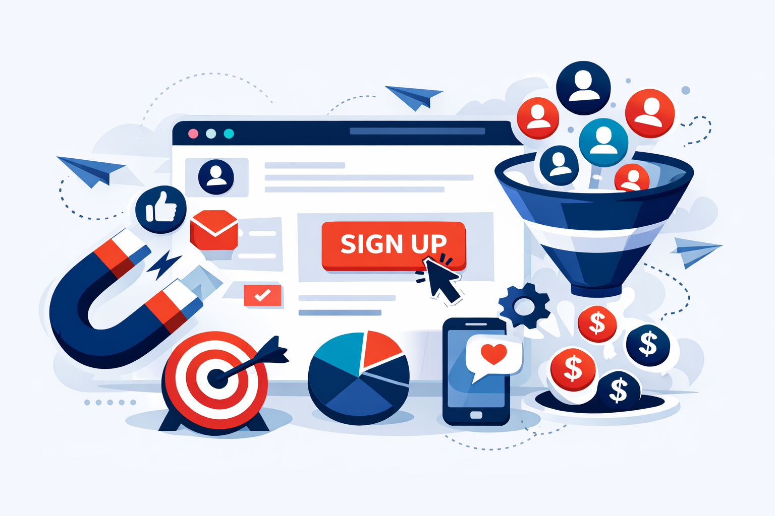 Abstract illustration representing website lead capture strategy and conversion optimization for B2B companies