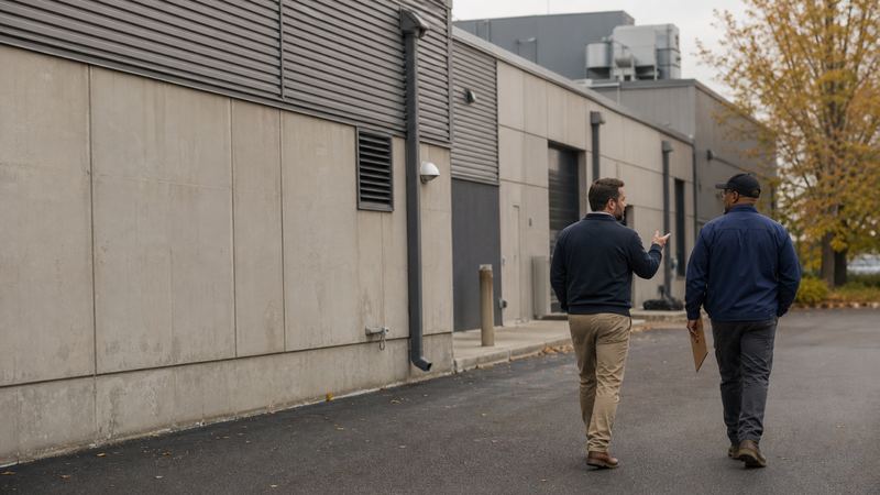 Commercial construction contractor walking a property with a facility manager during fall budget season