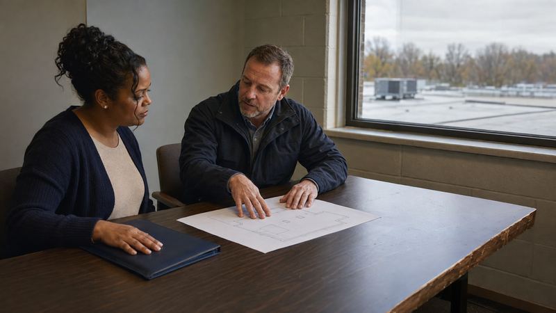 Commercial roofing contractor and property manager reviewing a flat roof during fall capital budget planning