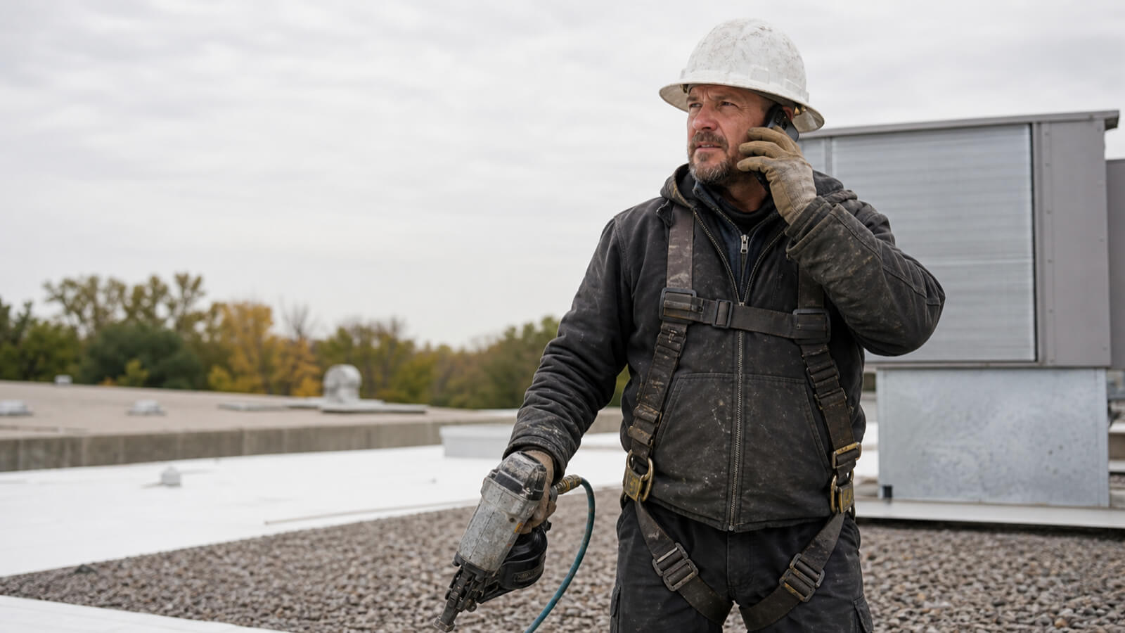 Commercial roofing contractor on a flat roof calling the facility manager who owns the roof budget
