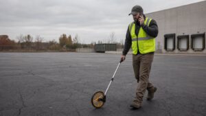 Commercial paving estimator walking a parking lot instead of making calls from a desk