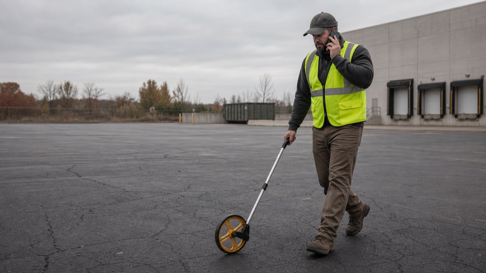 Commercial paving estimator walking a parking lot instead of making calls from a desk