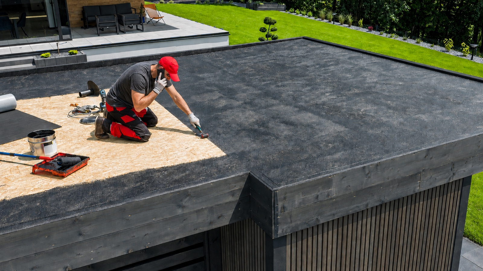 Commercial roofing contractor on the phone with a property manager during fall budget season