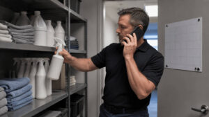 Commercial cleaning manager walking a building lobby and restroom core with a property manager