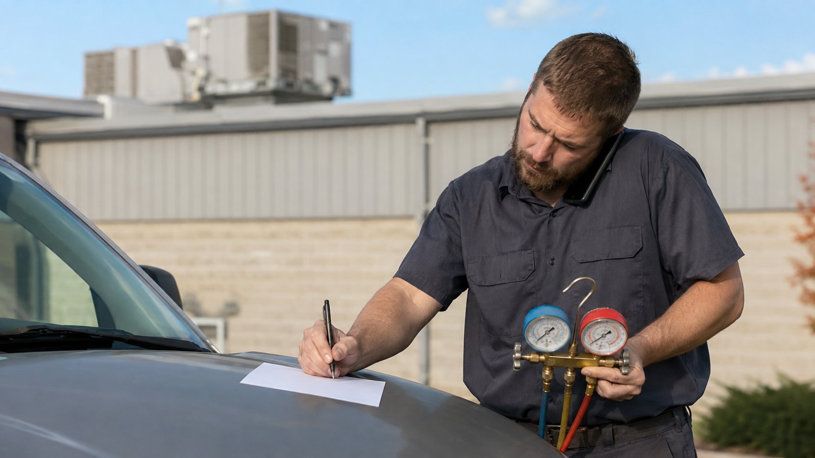 Commercial HVAC technician writing a walkthrough summary beside rooftop units