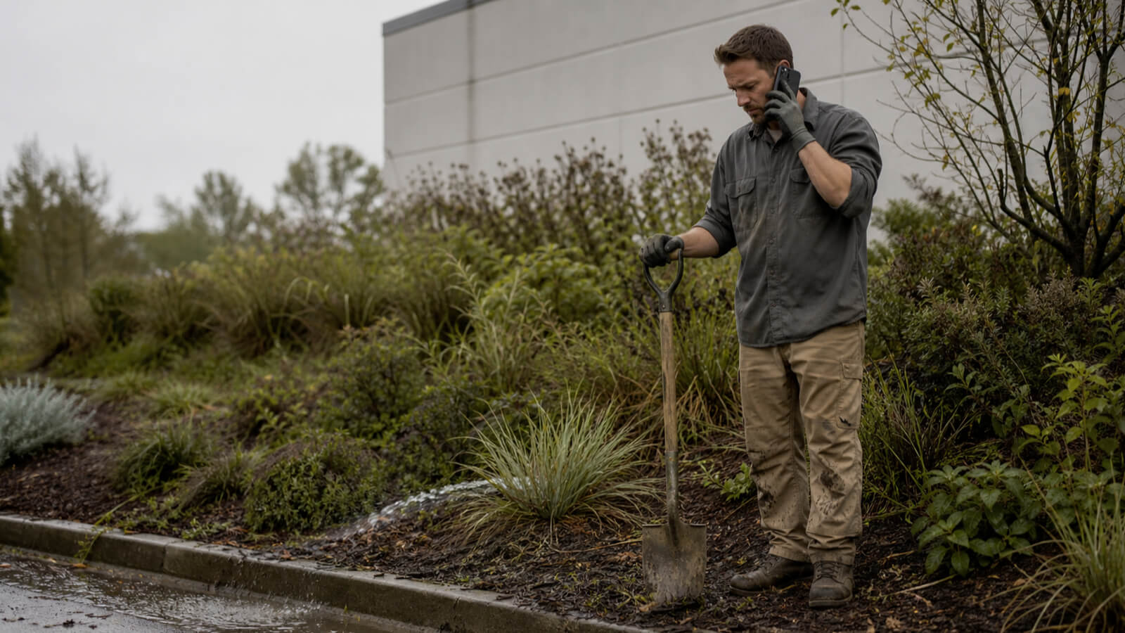 Commercial landscaping account manager walking a property with a property manager, inspecting a low area that holds water
