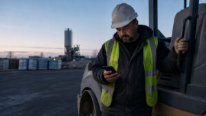 A commercial paving contractor inspecting the condition of a parking lot surface