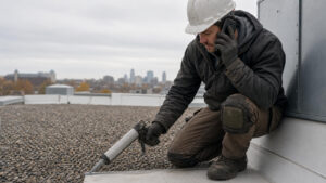 Commercial roofing contractor inspecting drains and seams on a flat roof during a maintenance visit