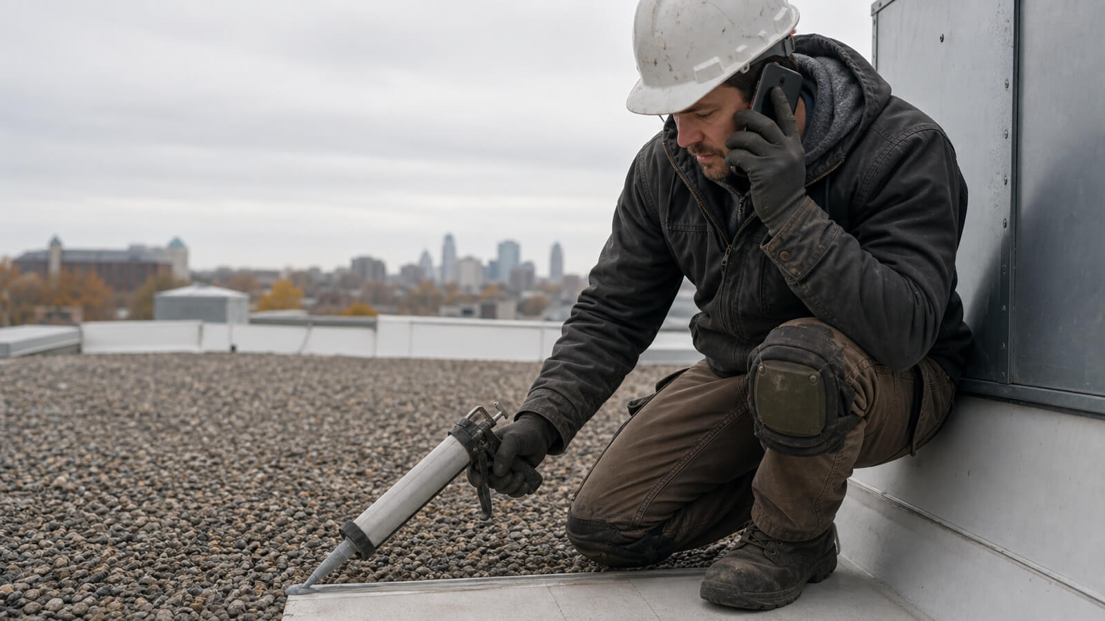 Commercial roofing contractor inspecting drains and seams on a flat roof during a maintenance visit
