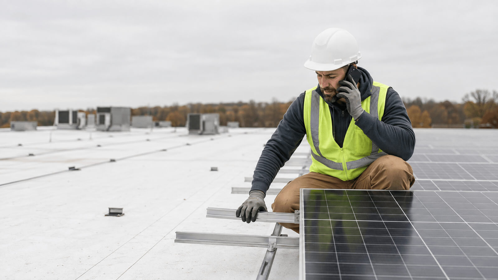 A commercial solar installer assessing a flat rooftop for a solar array