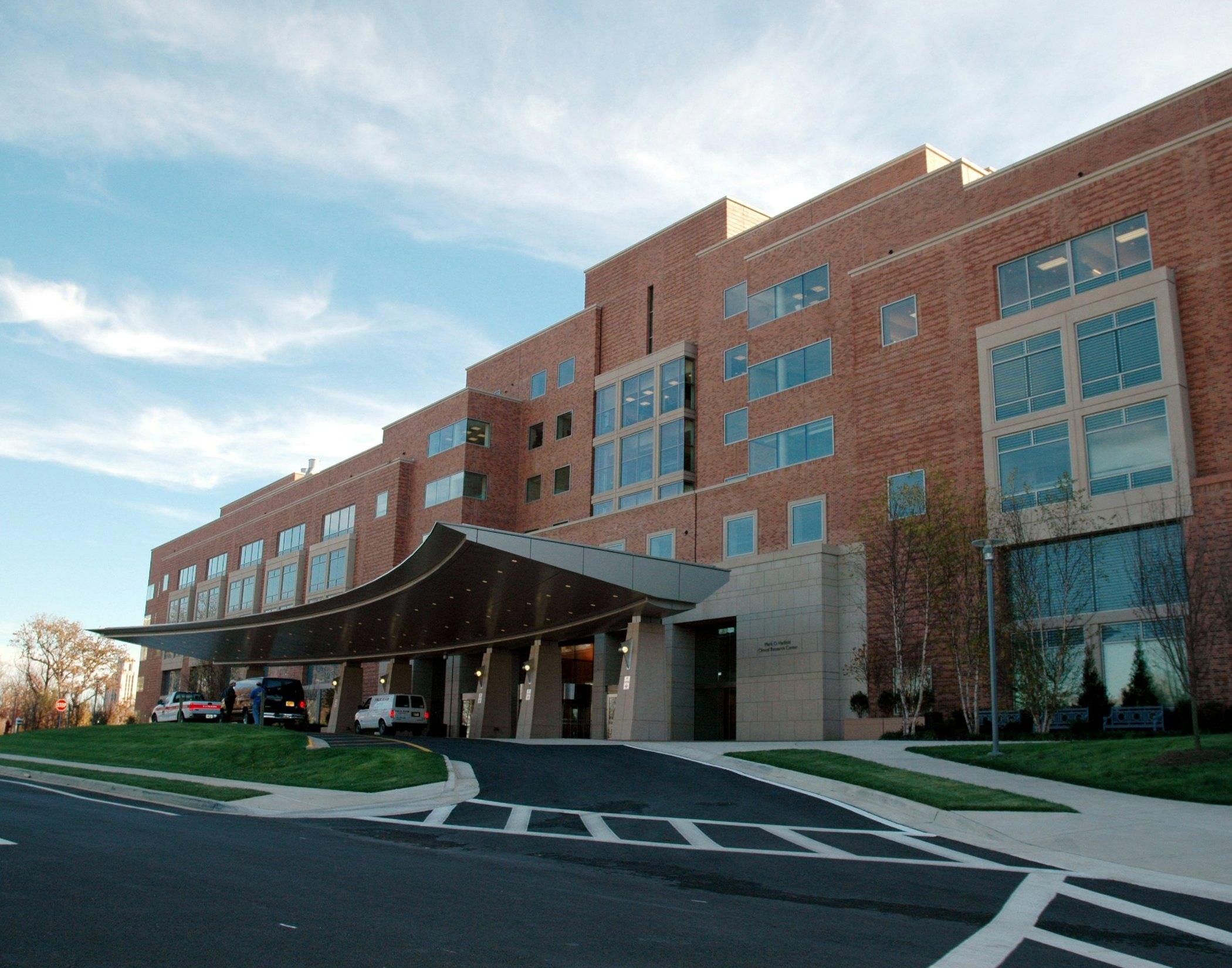 Hospital campus exterior and main entrance canopy