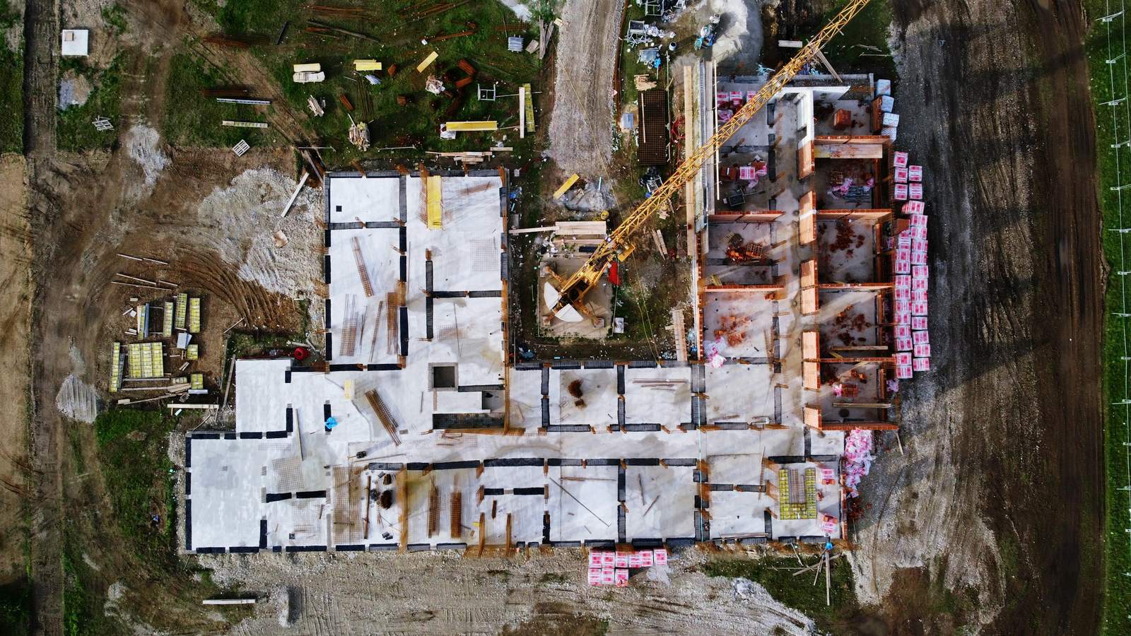 Aerial view of an active commercial construction site