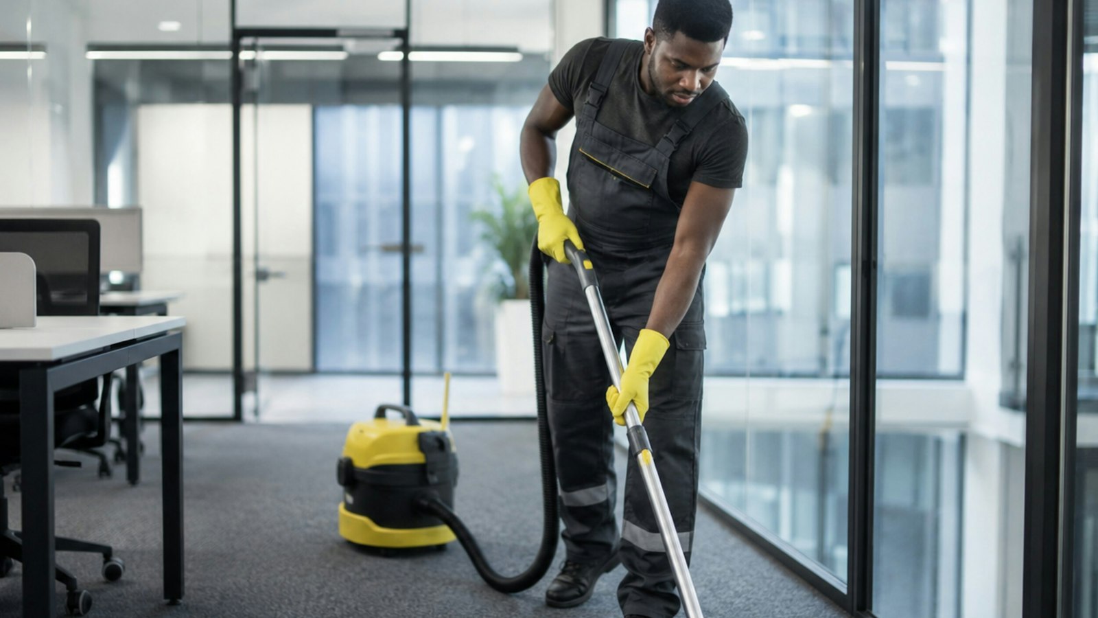 Cleaner vacuuming an office floor